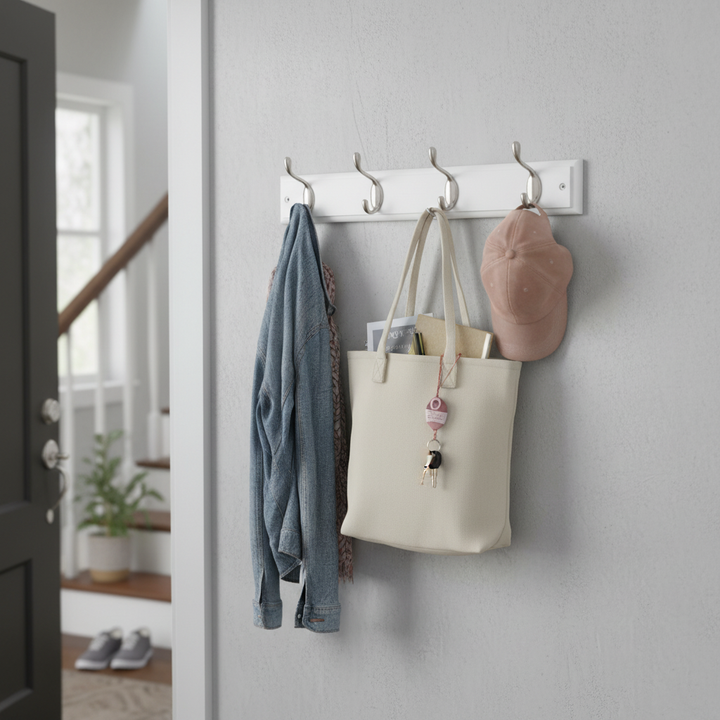 Premium Wall Mounted Coat Rack with Satin Nickel Double Hooks - 4 Hook Design for Efficient Space Saving