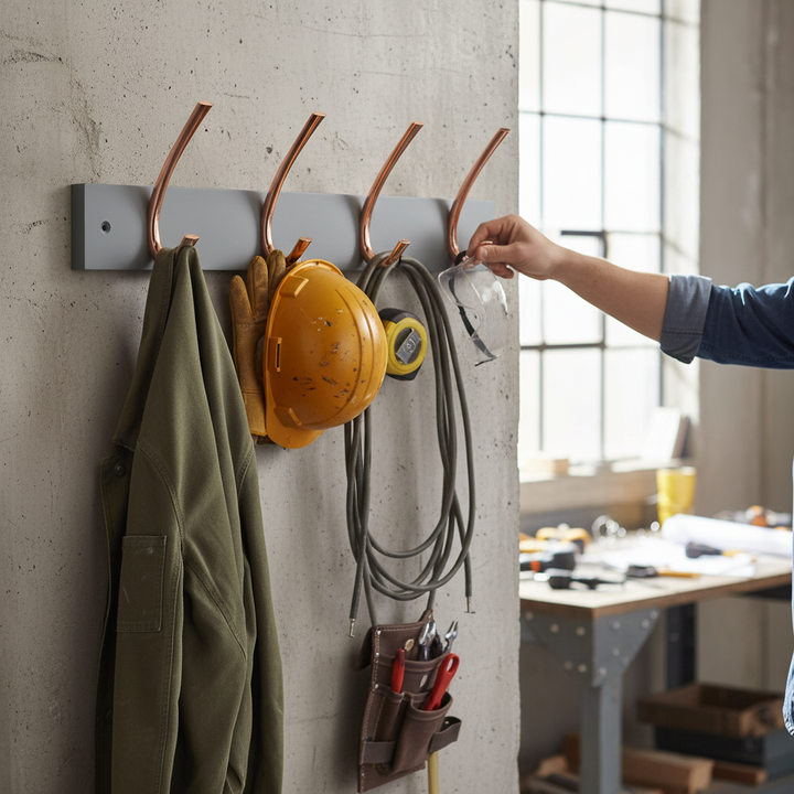 Premium 4 Hook Coat Rack with Polished Copper Double Hooks on Grey Wooden Board - Modern Wall-Mounted Storage Solution