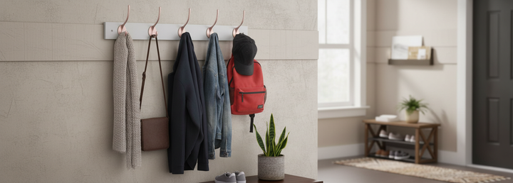 Premium Wall Mounted Coat Rack with 4 Double Metal Hooks in Dove Grey - Versatile Storage for Home and Office