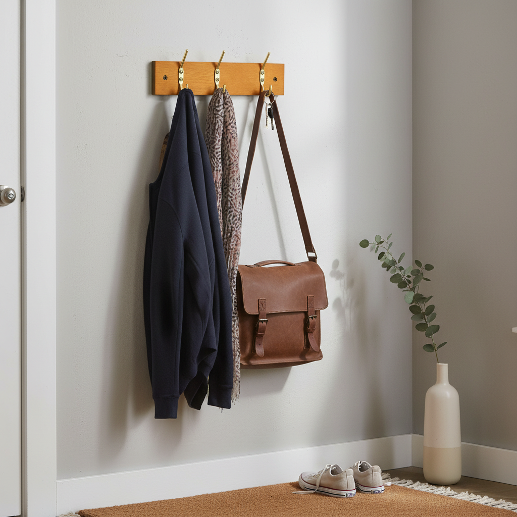 2-Hook Wall Mounted Coat Rack - Premium Pine Wooden Board with Brass Hooks
