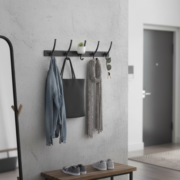 Premium Wall Mounted Coat Rack with Shelf - 6 Hooks, Durable Metal, Space-Saving Design for Hallways and Bedrooms