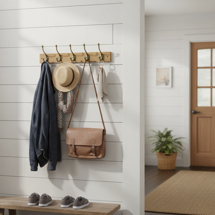 Premium Rustic Wall-Mounted Coat Hook Rail with 4 Ceramic Hooks for Coats, Towels, and Bags - Elegant Storage Solution