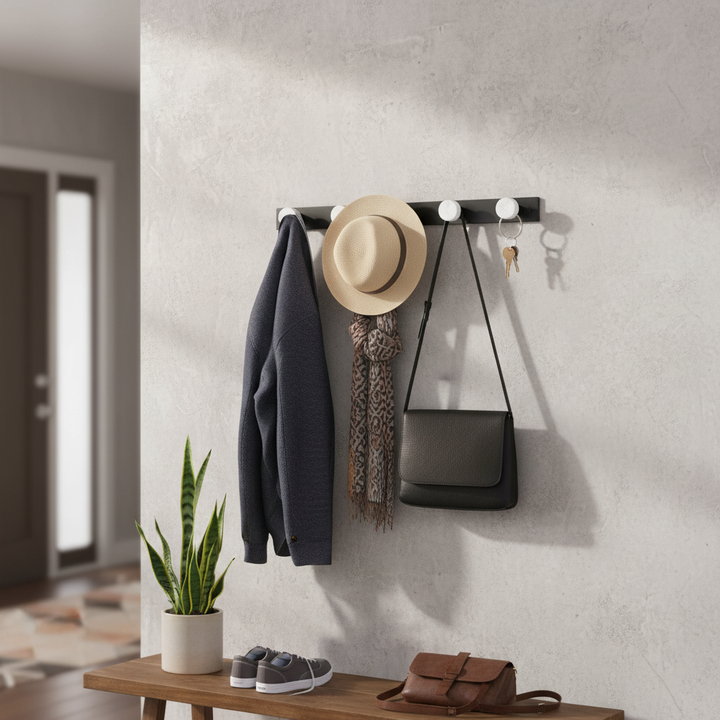 Premium Wall Mounted Coat Rack with Four Elegant Marble-Effect Hooks for Entryway Organization