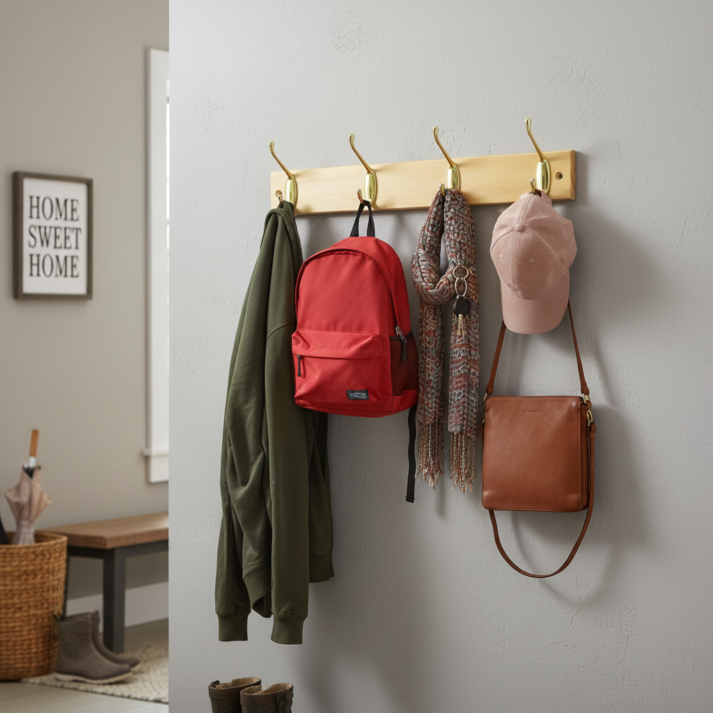 Premium 4-Hook Wall Mounted Coat Rack with Polished Brass Hooks and 450mm Pine Board for Home Storage