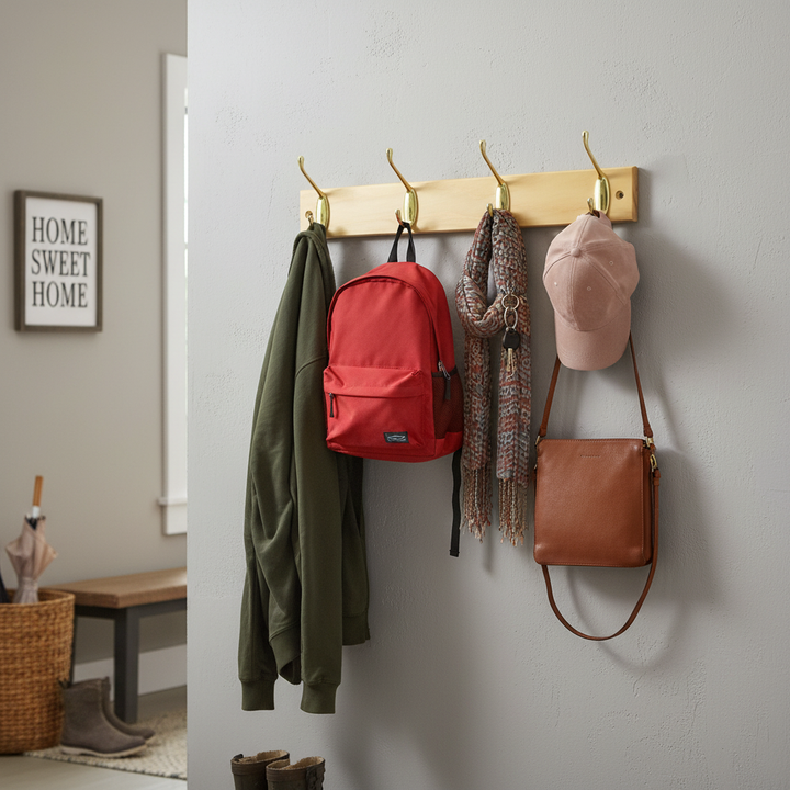 Premium 4-Hook Wall Mounted Coat Rack with Polished Brass Hooks and 450mm Pine Board for Home Storage