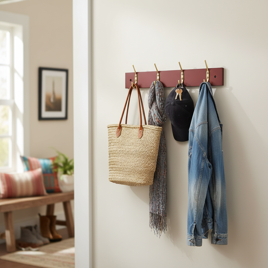 4-Hook Wall Mounted Coat Rack - Premium Mahogany Effect, Brass Hooks