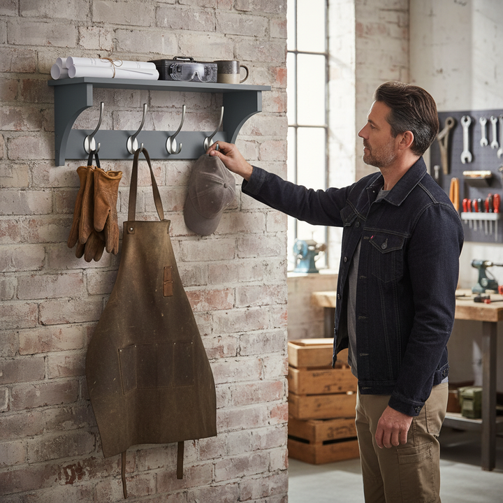 Premium Wall Mounted Coat Rack with Shelf - 56cm Grey Wood and Satin Nickel Hooks for Stylish Organization