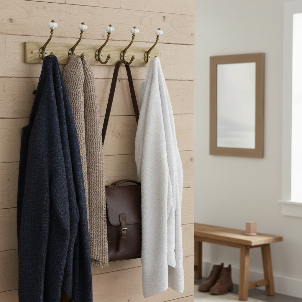 Premium Victorian-Style Wall-Mounted Coat Hook Rail with 4 Wooden and Ceramic Hooks, 46cm Length for Coats and Towels