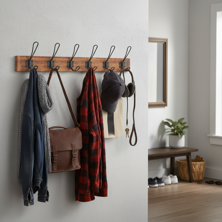 Premium Rustic Wooden Wall Mounted Coat Rack with 6 Black Wire Double Hooks for Home Organization