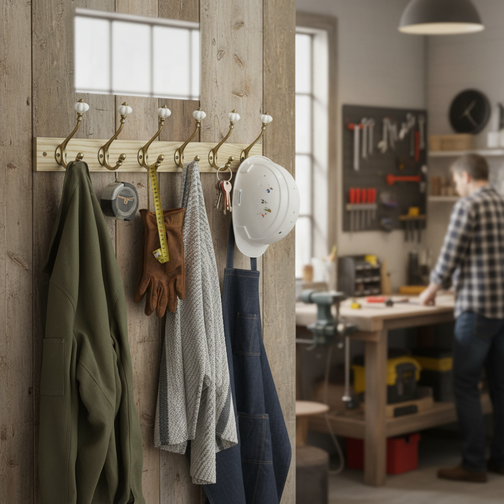 Premium Victorian-Style Wall-Mounted Coat Hook Rail with 6 Wooden & Ceramic Hooks - 46 cm Length for Home Entryway Decor