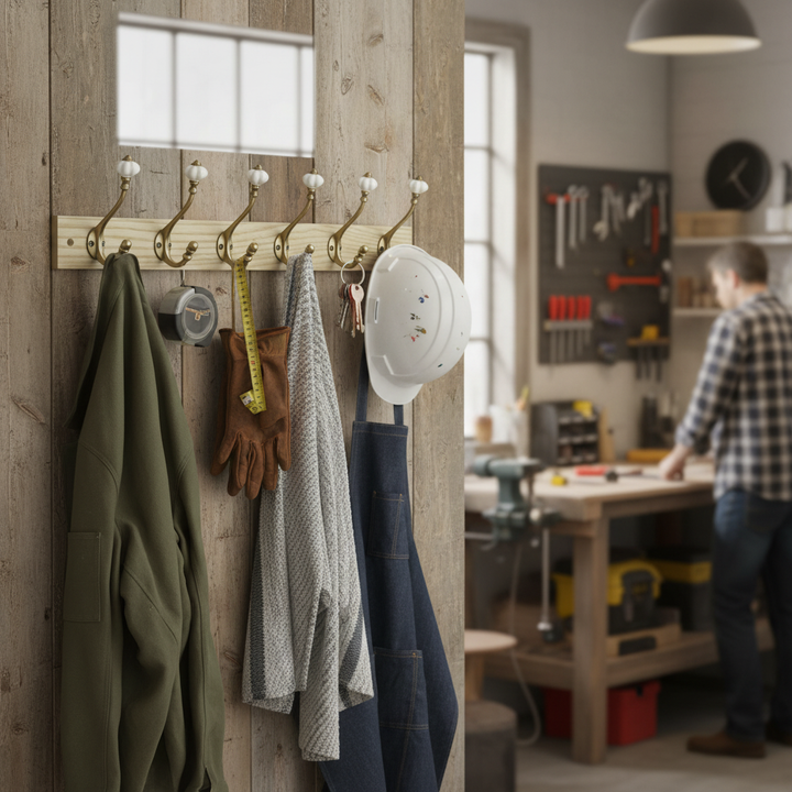 Premium Victorian-Style Wall-Mounted Coat Hook Rail with 6 Wooden & Ceramic Hooks - 46 cm Length for Home Entryway Decor