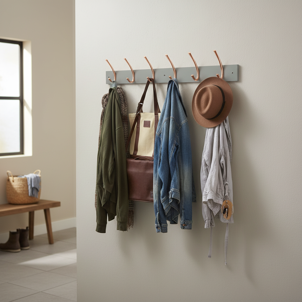 Premium Wall-Mounted Coat Rack with 6 Copper Ribbed Double Hooks on Stylish Grey Board - Modern and Functional Storage Solution