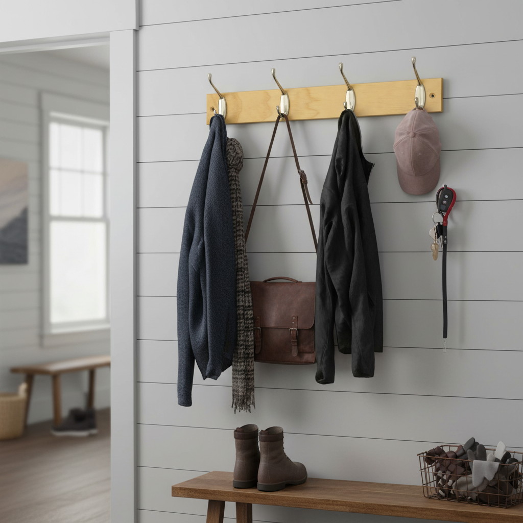 4-Hook Wall-Mounted Coat Rack - 450mm Pine Board - Double Chrome Hooks