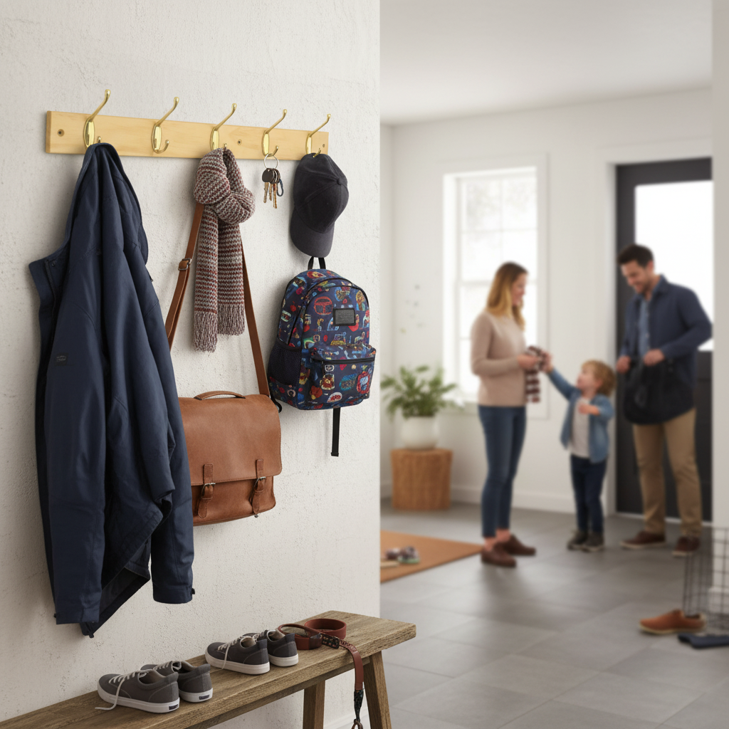 Premium 6-Hook Wall Mounted Coat Rack - 690mm Solid Pine Board with Double Brass Hooks for Elegant Home Storage