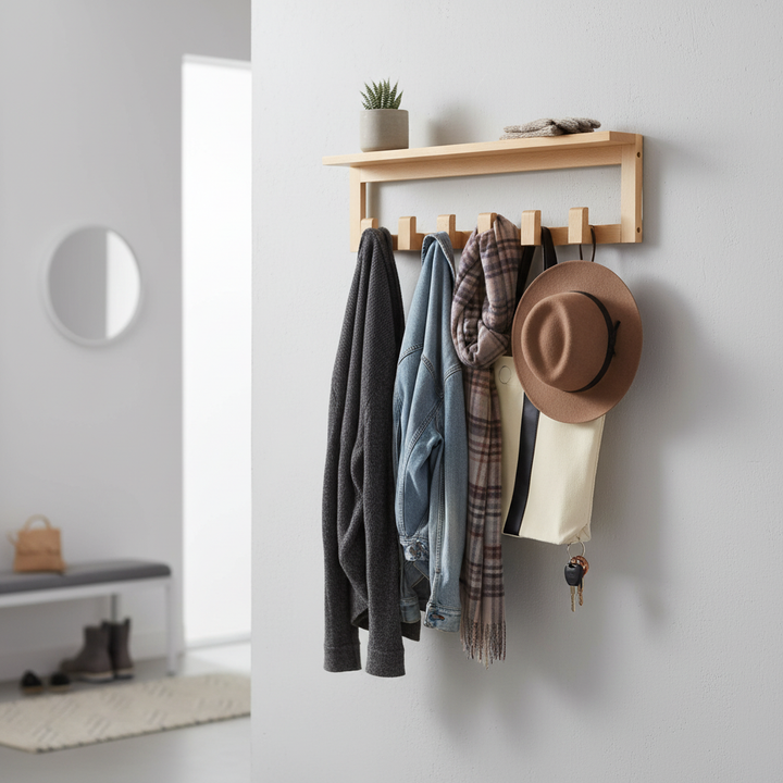 Premium Wooden Wall Mounted Coat Rack with Shelf and 6 Sturdy Hooks for Outerwear and Essentials Organization
