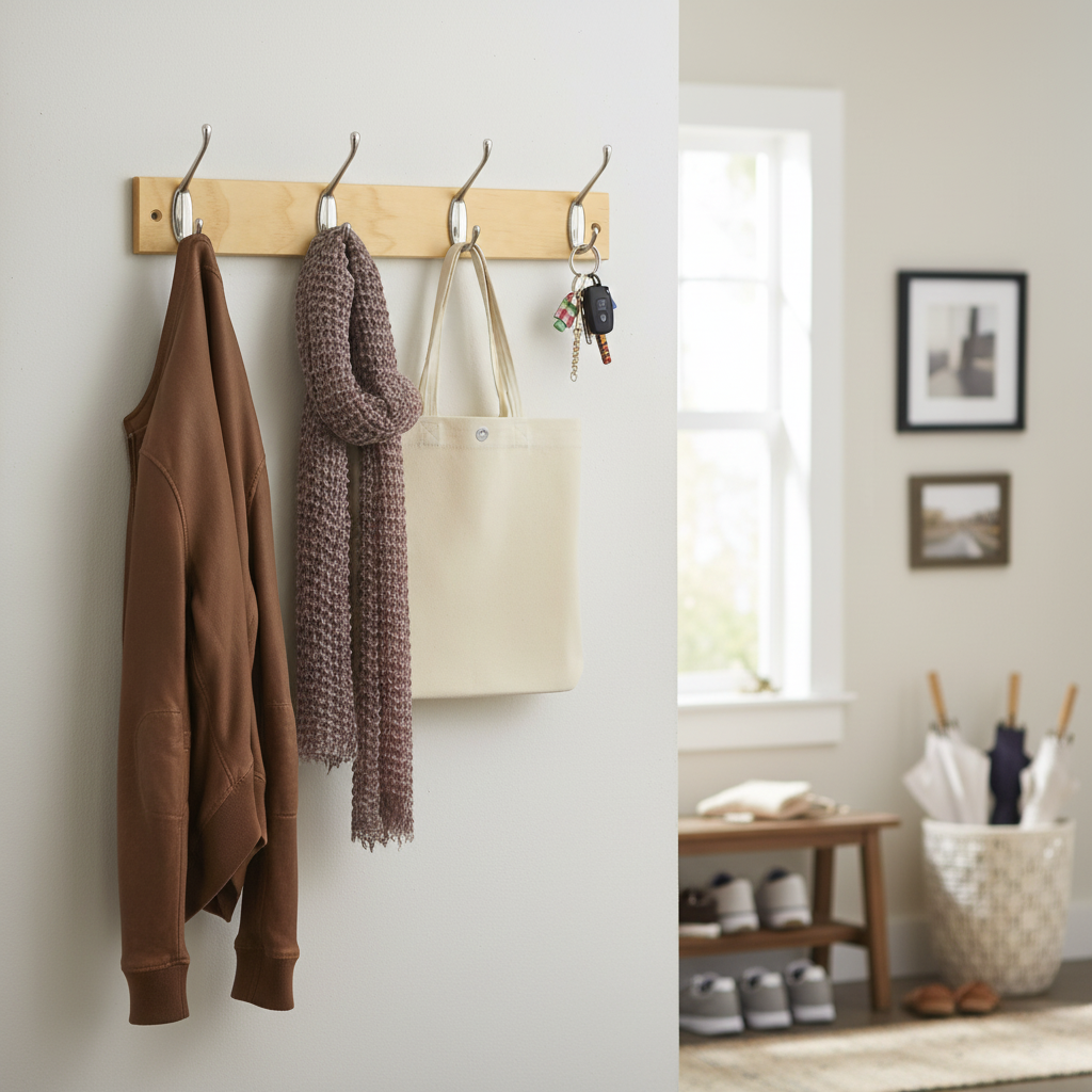 4-Hook Wall-Mounted Coat Rack - 450mm Pine Board - Double Chrome Hooks