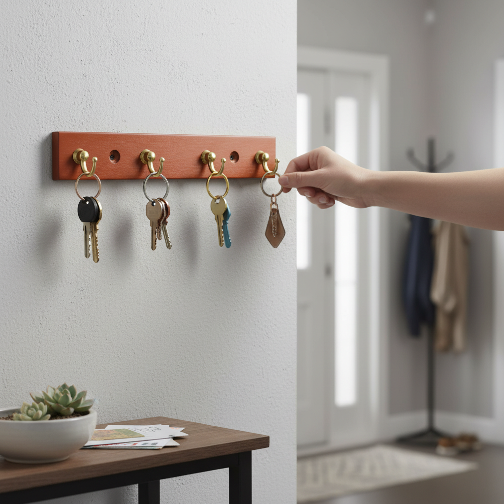 Premium Wall-Mounted Key Holder with 4 Hooks for Entryway Organization - Eco-Friendly Wood Design in Pine or Mahogany Effect
