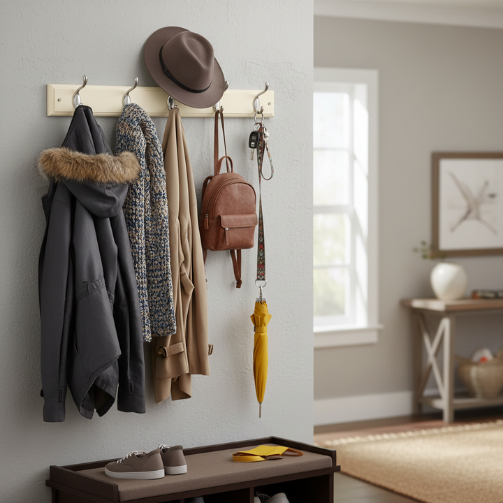 Premium Wall Mounted Coat Rack with Satin Nickel Double Hooks - 4 Heavy Duty Hooks for Home Organization