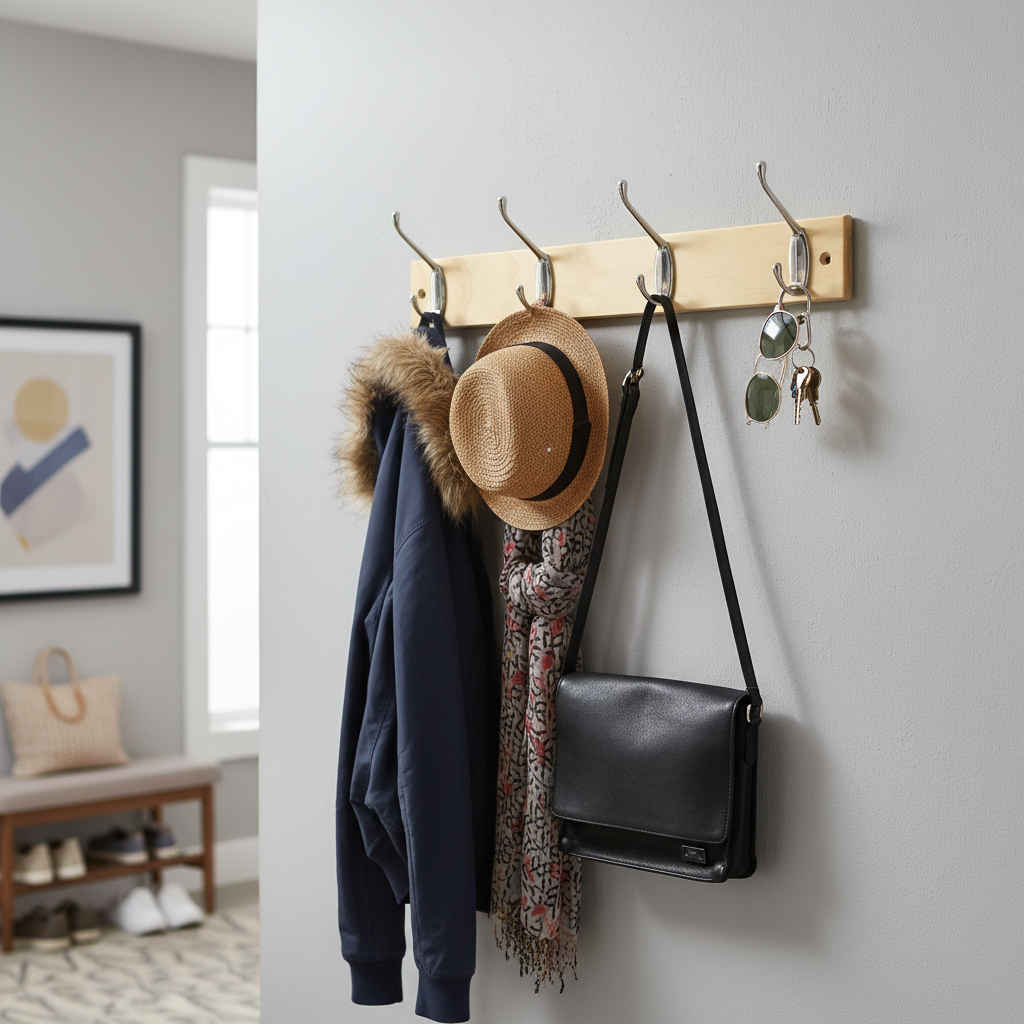 4-Hook Wall-Mounted Coat Rack - 450mm Pine Board with Double Chrome Hooks