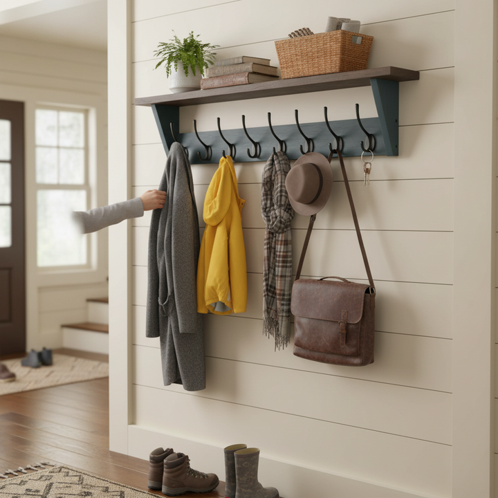 Premium Wall Mounted Coat Rack with 6 Hooks and Upper Shelf - Grey Oak Effect - 800mm for Entryway Organization