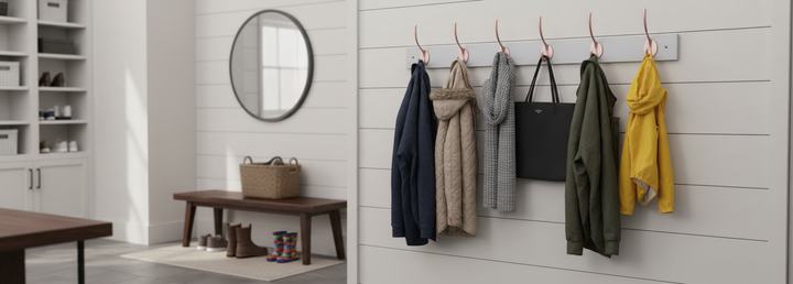 Premium Wall Mounted Coat Rack with 4 Double Metal Hooks in Dove Grey - Versatile Storage for Home and Office