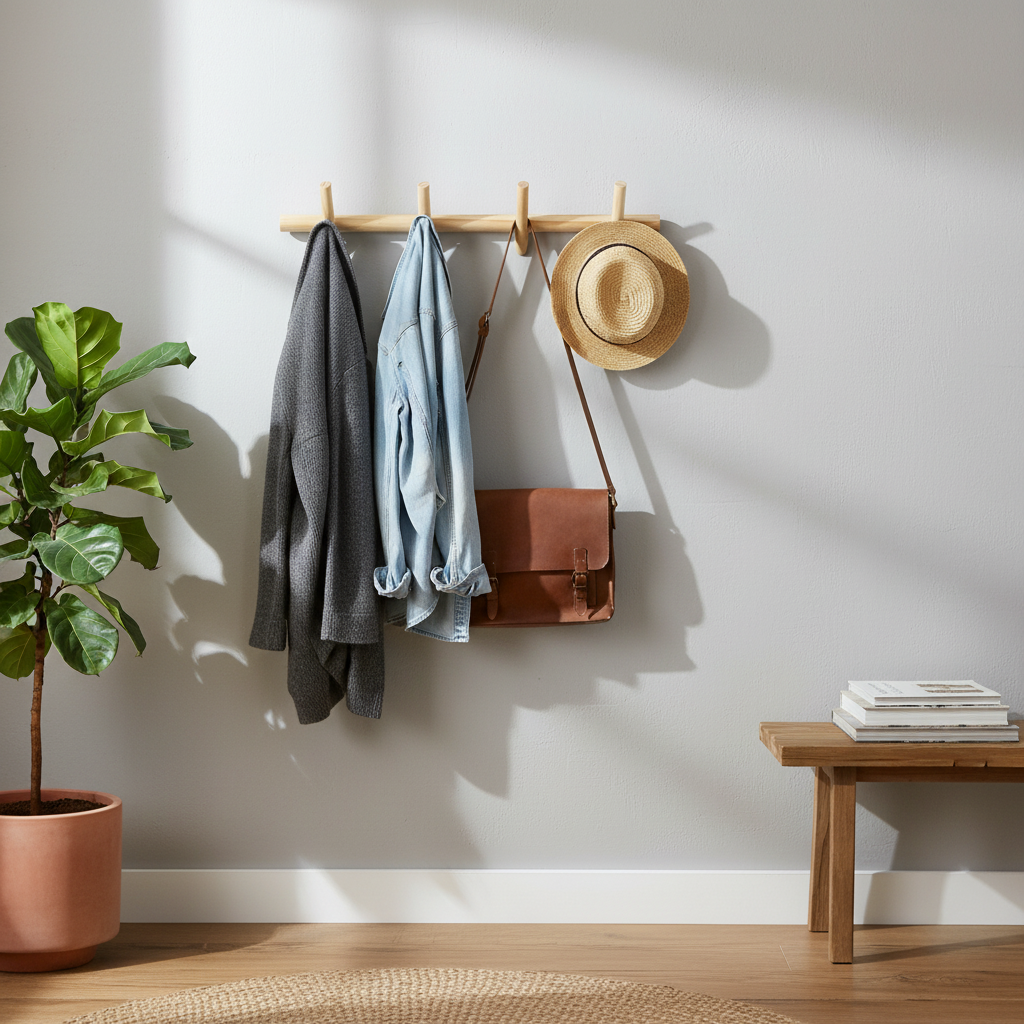 Premium Floating Wooden Wall Mounted Coat Rack with 4 Hooks - Modern Pine Design for Space-Saving Organization