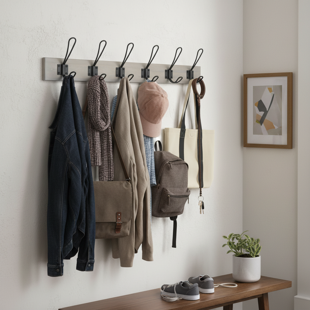Premium Grey Ash Wooden Wall Mounted Coat Rack with 6 Black Wire Double Hooks for Stylish Organization