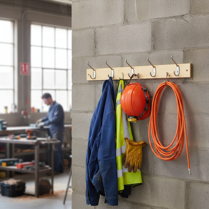 Premium 6-Hook Wall-Mounted Coat Rack - Stylish Pine Board with Double Chrome Hooks for Organized Living Spaces