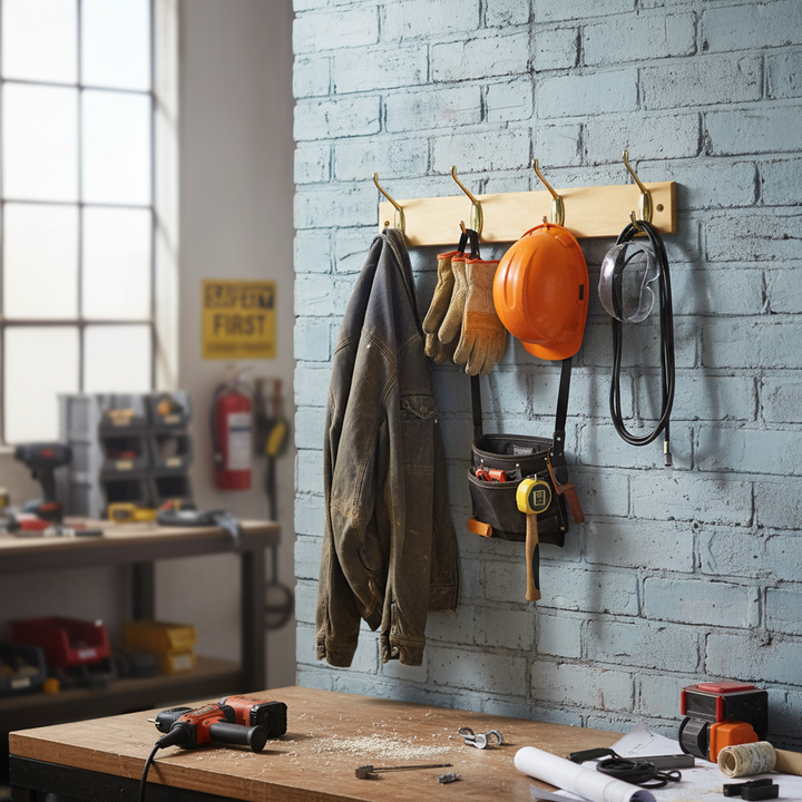 Premium 4-Hook Wall Mounted Coat Rack with Polished Brass Hooks and 450mm Pine Board for Home Storage