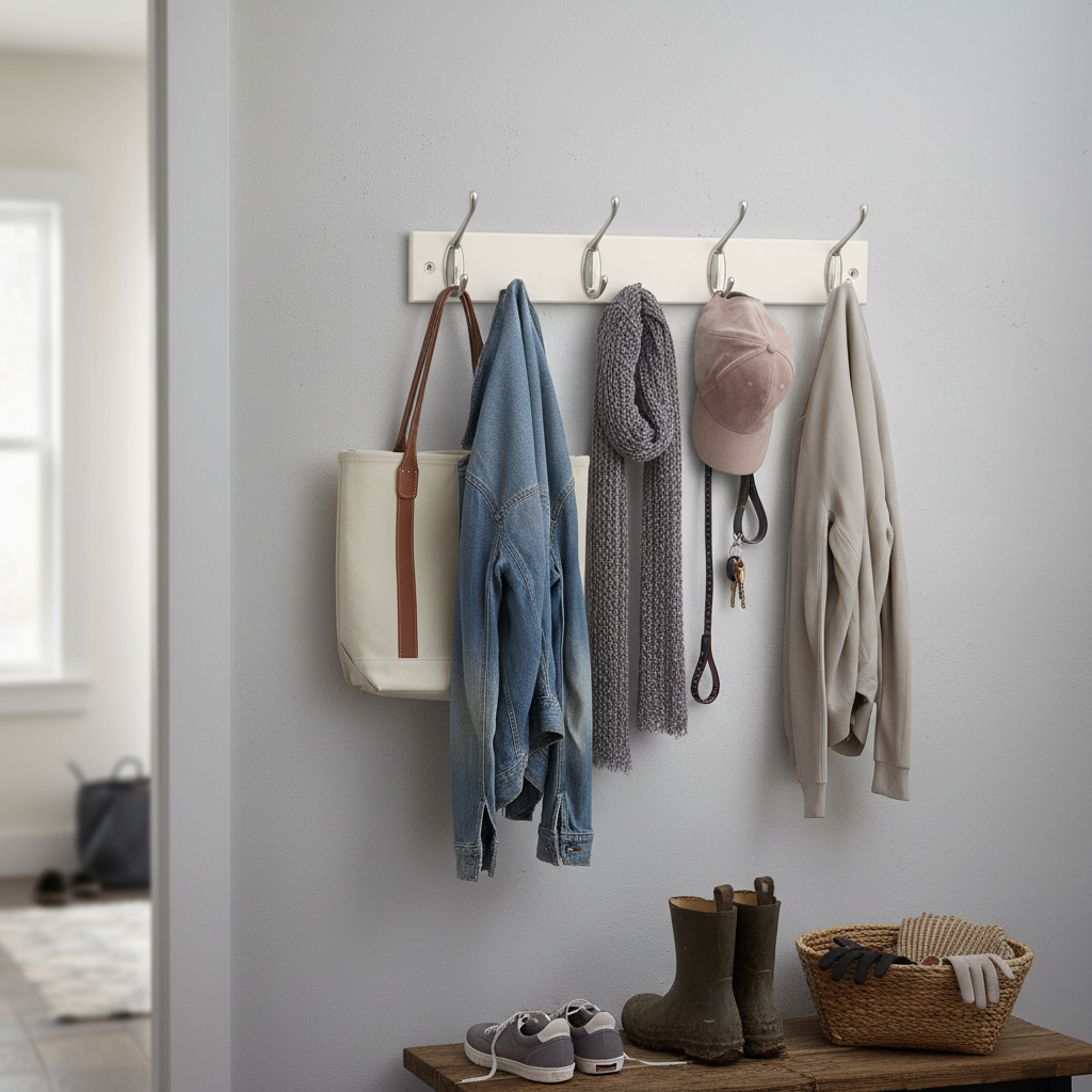 4-Hook Wall Mounted Coat Rack - 450mm White Board with Double Chrome Hooks