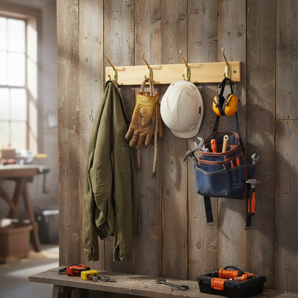 4-Hook Wall Mounted Coat Rack - 450mm Pine Board with Double Brass Hooks