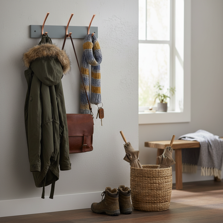 Premium Wall-Mounted Coat Rack with 2 Polished Copper Ribbed Double Hooks on Stylish Grey Board - Modern Minimalist Design for Hallway, Bedroom, and Kitchen