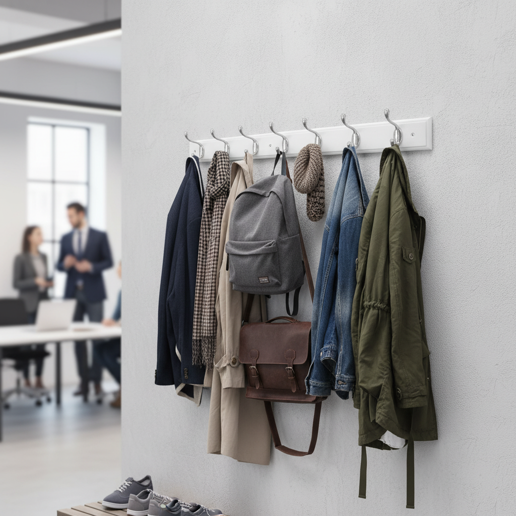 Premium Wall Mounted Coat Rack with 8 Polished Chrome Hooks - Durable White Board for Entryways and Hallways