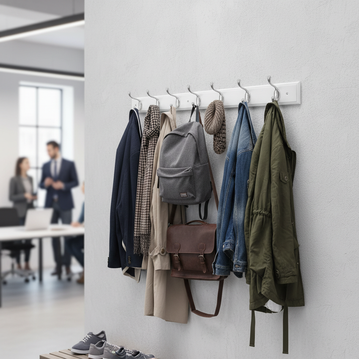 Premium Wall Mounted Coat Rack with 8 Polished Chrome Hooks - Durable White Board for Entryways and Hallways