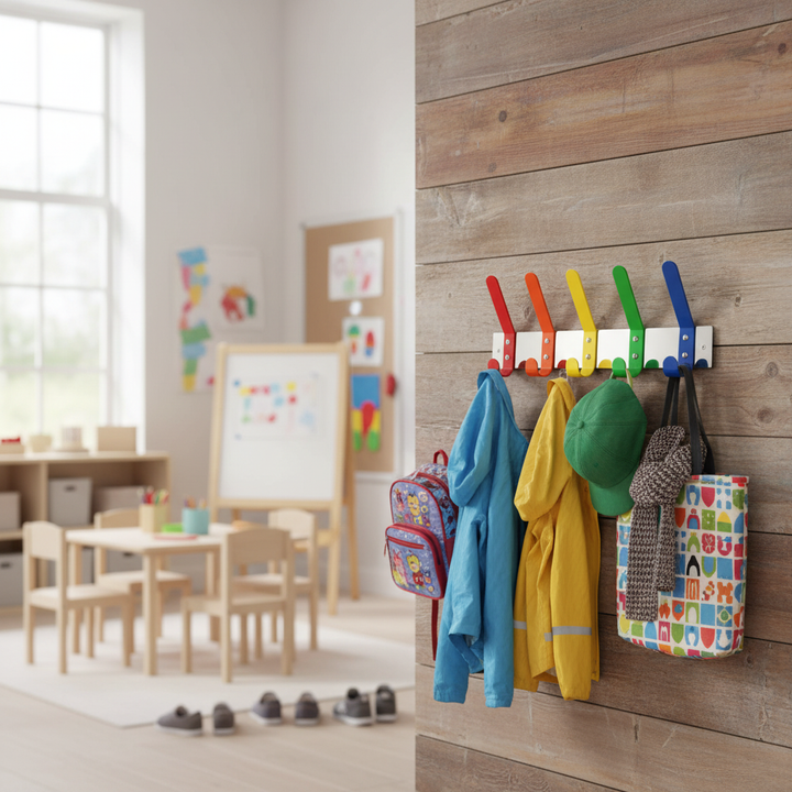 Premium Wall Mounted Coat Hook Rail with Five Multi-Coloured Hooks for Kids' Rooms, Ideal for Organizing Coats and Accessories