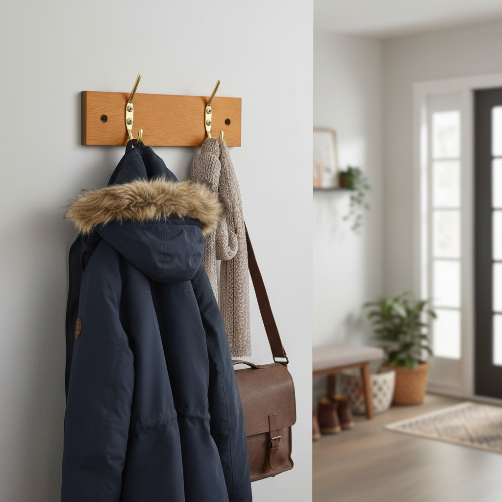 2-Hook Wall Mounted Coat Rack - Premium Pine Wooden Board with Brass Hooks