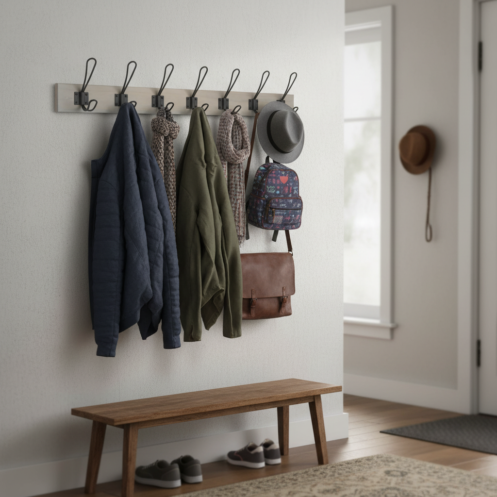 Premium Grey Ash Wooden Wall Mounted Coat Rack with 6 Black Wire Double Hooks for Stylish Organization