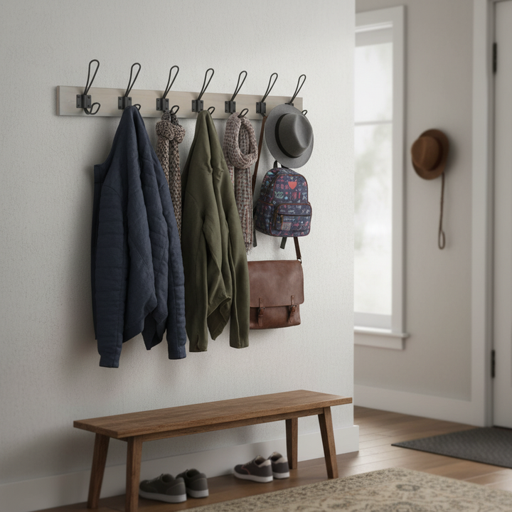 Premium Grey Ash Wooden Wall Mounted Coat Rack with 6 Black Wire Double Hooks for Stylish Organization