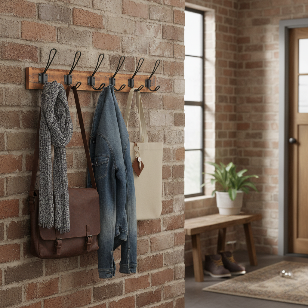 Premium Rustic Wooden Wall Mounted Coat Rack with 6 Black Wire Double Hooks for Home Organization