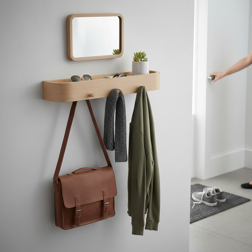 Premium Wooden Wall Coat Rack with 4 Hidden Hooks and Floating Shelf for Modern Interiors