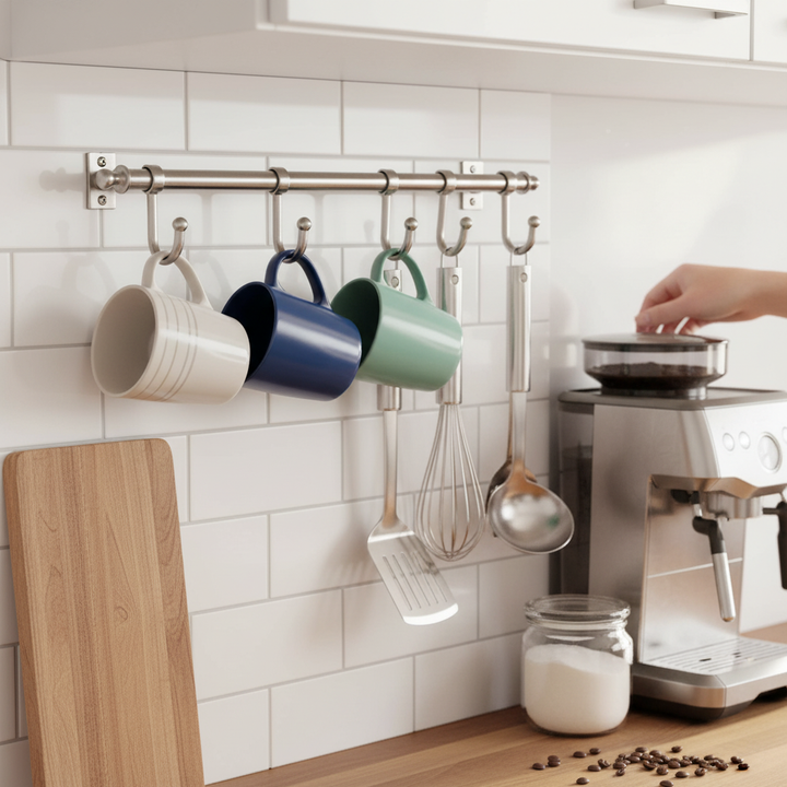 Premium Wall-Mounted Kitchen Rail with 4 Hooks for Utensils and Mugs – Durable Satin Nickel Finish