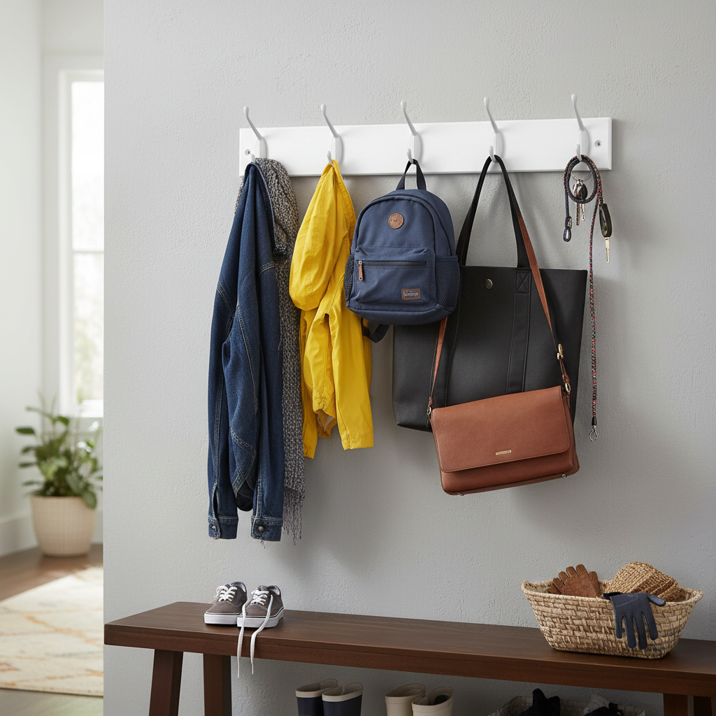 Premium Wall Mounted Coat Rack with Four Double Hooks and Clean White Board Design for Entryways and Bathrooms