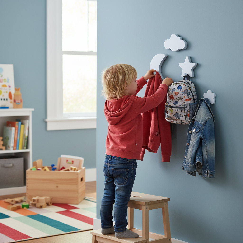 Premium Wall Mounted Night Sky Coat Hooks Set - White Moon and Stars for Kids' Rooms