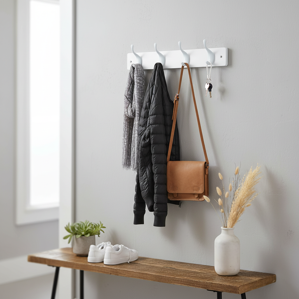 Premium Wooden Wall Mounted Coat Rack with Modern Double Hooks - 4 Hooks for Entryway Organization