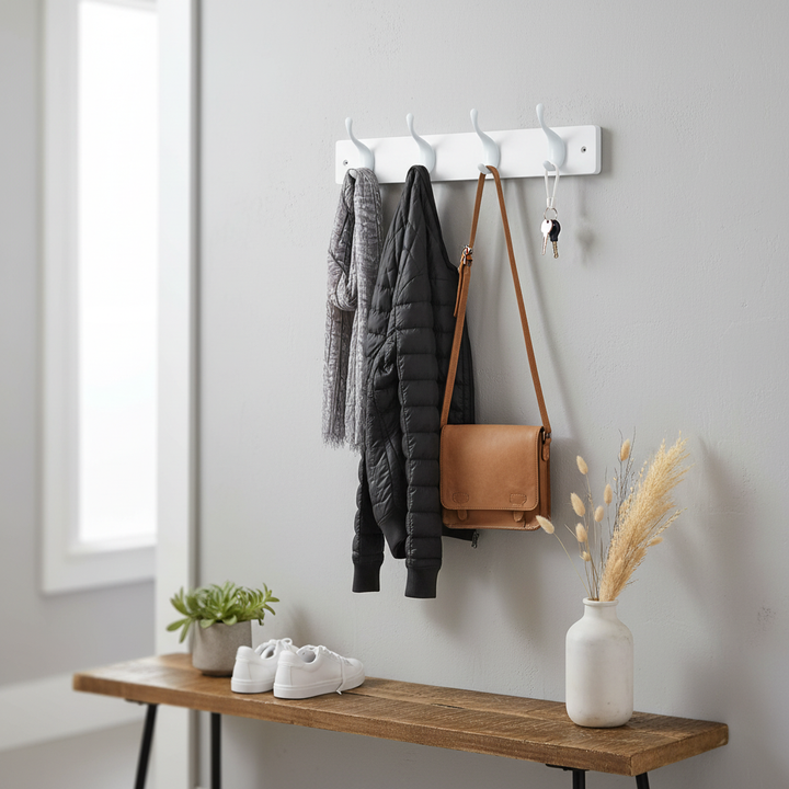 Premium Wooden Wall Mounted Coat Rack with Modern Double Hooks - 4 Hooks for Entryway Organization